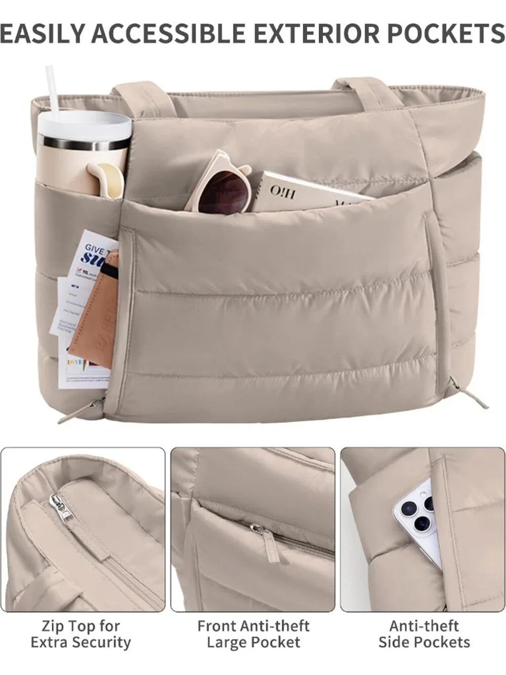 👜Women's Oatmeal Puffer Tote Bag 16 Pockets Work Gym Travel Laptop Handbag